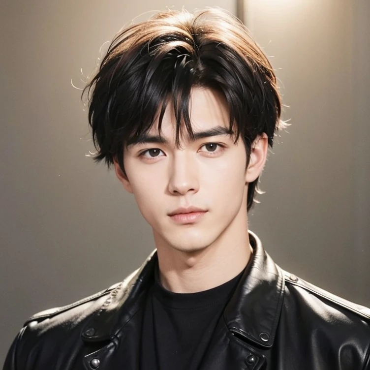 at office，wearing black leather coat，two block haircut, Attractive man，Live-action photo，Handsome and sunny，（SLR effect，Reality，8K，Hyper-detailing，Absolute realism）