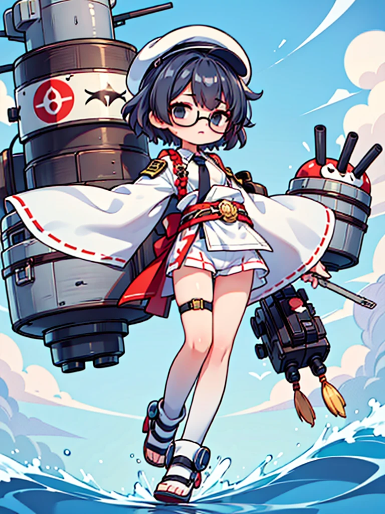 ((((Full body of a woman with perfect flat chest、solo、Short unkempt black hair、Tie your messy hair at the nape of your neck、white military jacket、Miko costume、tights、Black glasses、White military cap、Cloudy black eyes、Sleepy expression)))), (((masterpiece))), (((Shipgirl))), ((Floating on the morning sea with both feet)), (Spread your legs wide open), (Hold the turret with your right hand), (Mechanical arms extending from the waist are used to equip the ship with battleship equipment.), (Equipped with a turret on the back), (Holds the turret with his left arm), Shotgun shells are attached to the thigh with a belt, Spreading the Machine&#39;s Wings, Machine tail,  shotgun, 