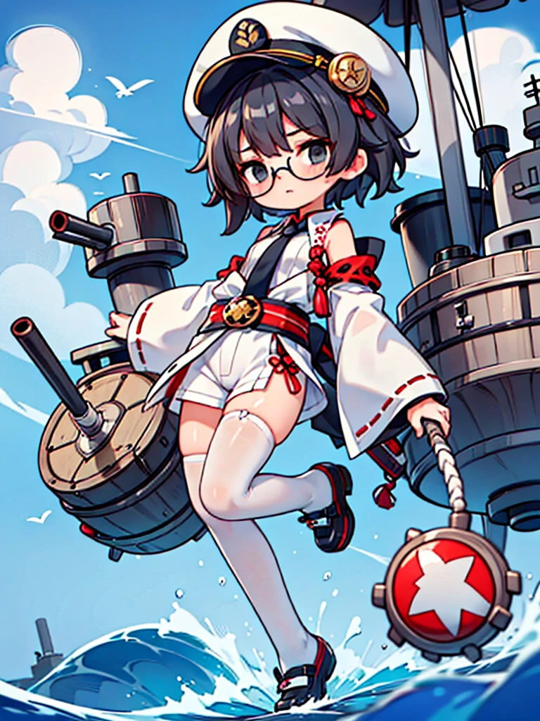 ((((Full body of a woman with perfect flat chest、solo、Short unkempt black hair、Tie your messy hair at the nape of your neck、white military jacket、Miko costume、tights、Black glasses、White military cap、Cloudy black eyes、Sleepy expression)))), (((masterpiece))), (((Shipgirl))), ((Floating on the morning sea with both feet)), (Spread your legs wide open), (Hold the turret with your right hand), (Mechanical arms extending from the waist are used to equip the ship with battleship equipment.), (Equipped with a turret on the back), (Holds the turret with his left arm), Shotgun shells are attached to the thigh with a belt, Spreading the Machine's Wings, Machine tail, shotgun,
