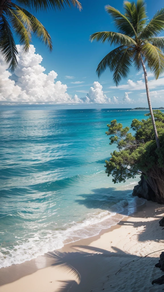 Ultra realistic beach with coconut tree and diverse waves