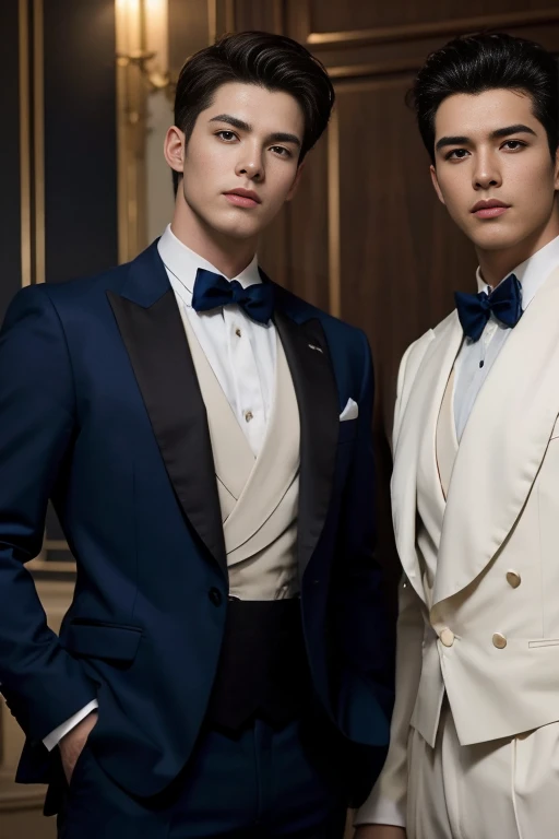 ((masterpiece)),((best quality)),8K,high detail,Very detailed, Very manly，3 men, like，fashion pose, Realistic skin texture, Light,
Royal blue style couple