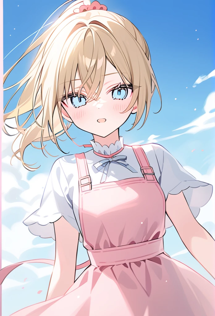 rurudo, 1girl,  solo,  blonde hair, sky blue eyes, Cheerful and lively, pastel color, ponytail in left side, Pink apron, cooking club member