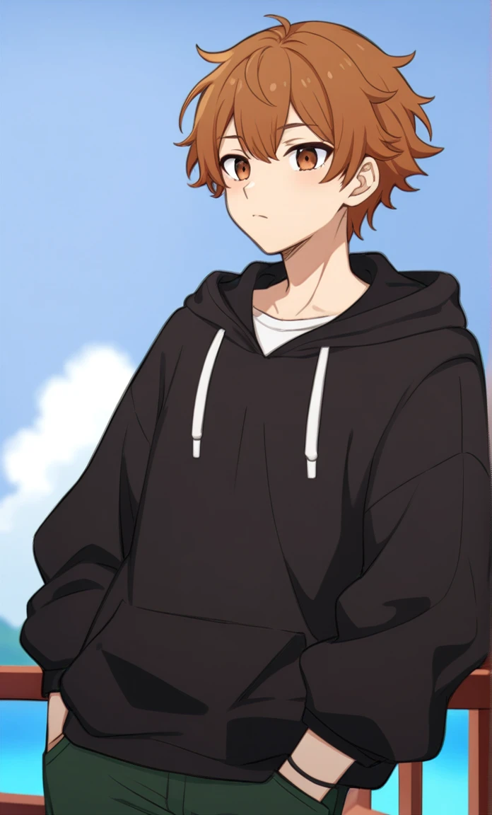 anime style, (otome game character), Age: 24, Height: 180, Hair Color: Black, Eye Color: brown, Clothing Style: Casual. He dresses is hoodies, t-shirts, pants. Kinda of Gen Z style. His hair is medium length. Has like bangs and a bit messy due to having hairs.