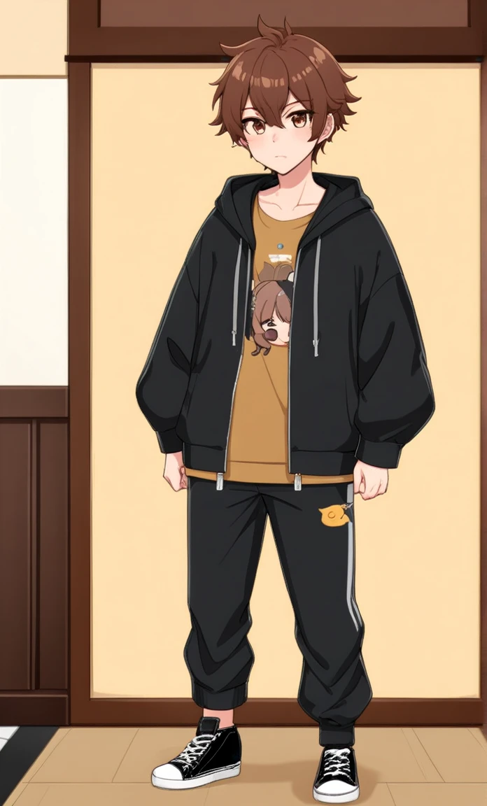 anime style, (otome game character), Age: 24, Height: 180, Hair Color: Black, Eye Color: brown, Clothing Style: Casual. He dresses is hoodies, t-shirts, pants. Kinda of Gen Z style. His hair is medium length. Has like bangs and a bit messy due to having  hairs.