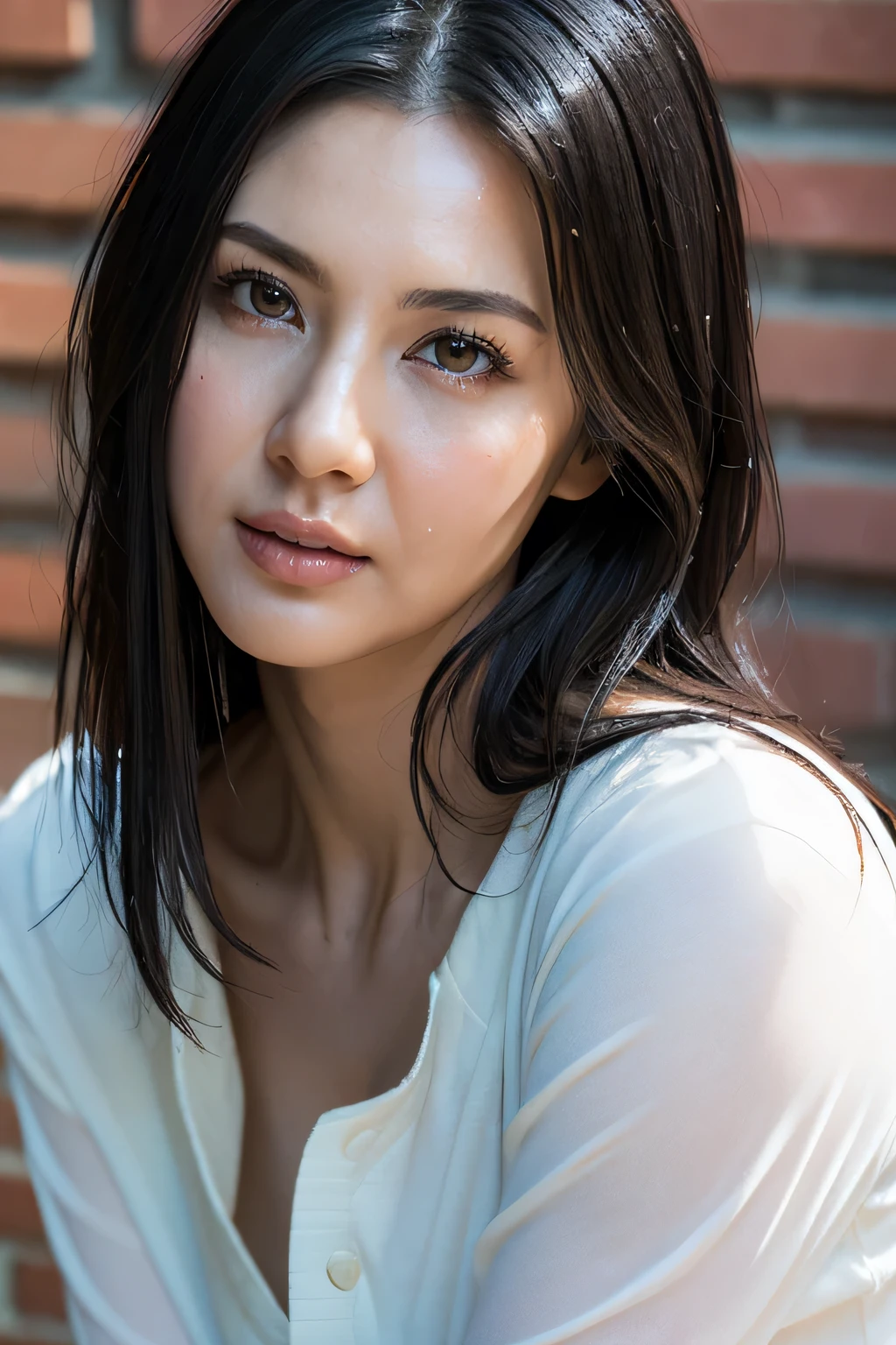 (In 8K, Highest quality, masterpiece:1.2), (Realistic, Photorealistic:1.37), Ultra-detailed, Natural light, Medium chest, valley, 1 person, 35-year-old woman, Symmetrical nose,Black Hair, pendant, Torn shorts, Light knit V-neck shirt, Highly detailed face and skin, Detailed eyes, Highly detailed face and skin,(super wet skin)Brick wall,Park wall,