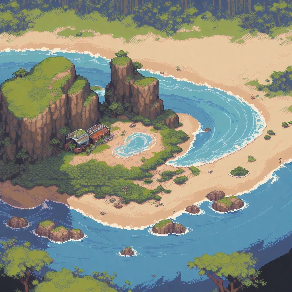 (masterpiece, best quality:1.2), Pixel Art,Land Space，beach