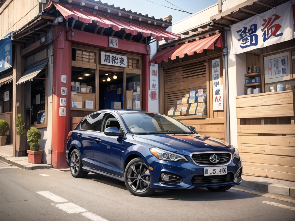 In front of the noodle shop, navy blue car in front.