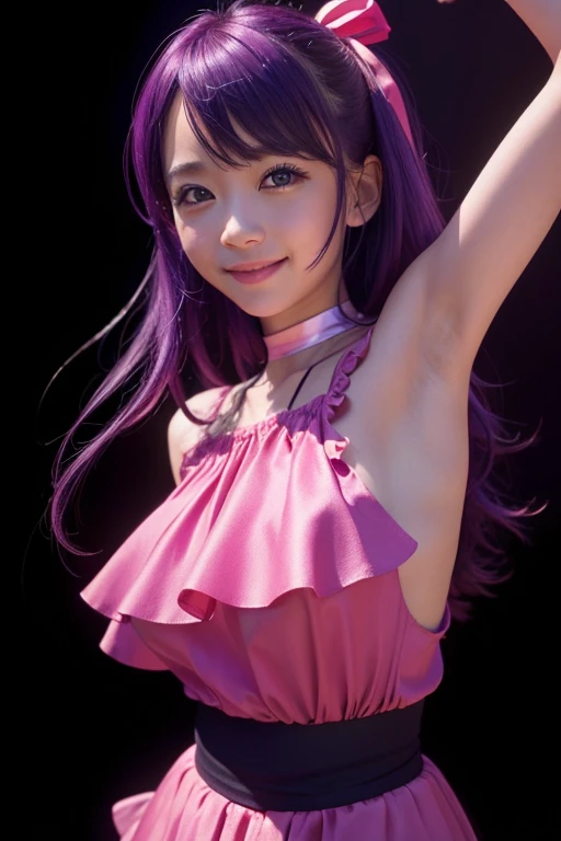 (best quality,4k,8k,highres,masterpiece:1.2),ultra-detailed,(realistic,photorealistic,photo-realistic:1.37),studio lighting,extreme detail description,vivid colors,concept art, small breasts, seductive smile, hoshino ai, purple hair, pink idol outfit, sleeveless, realistic, beautiful japanese female, arms up, armpits visible, ribbon,