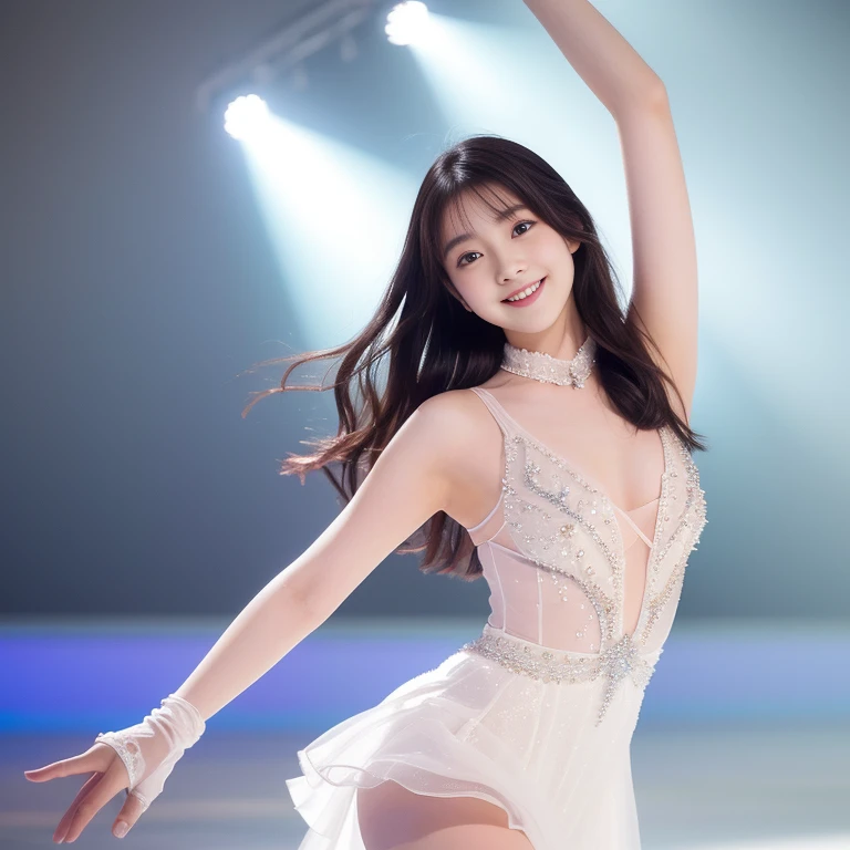 Photo-realistic quality、20-year-old Japanese idol in a white dress performing a figure skating routine, Beautiful Japanese Model,Wearing skates、 Wearing a white leotard,looking at the camera、Detailed and beautiful eyes、Cute smile、A soft and gentle look