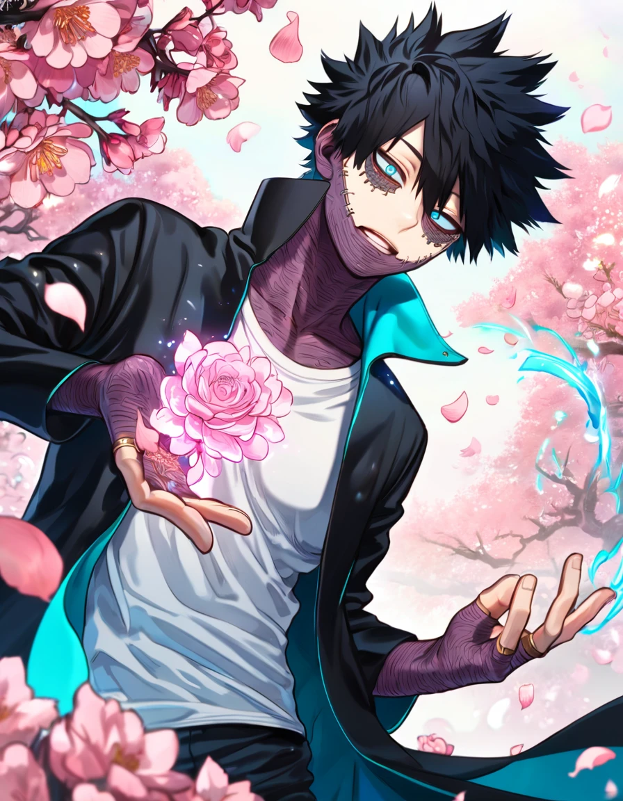 absurdres, highres, ultra detailed, HDR, master piece, Dabi, black hair, expressive turquoise eyes, black coat with high collar, white shirt, black pants, Boku No Hero Academia, sexy man, handsome, best quality, red glittering crescent moon, red flowers, fantasy, magical, solo, water, red shining fireflies, red petals, sensual, handsome smile,