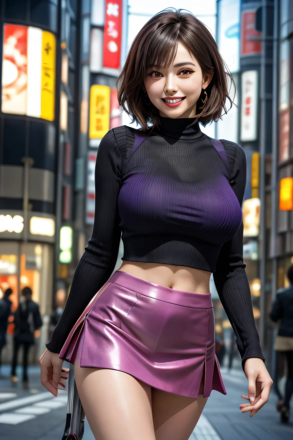 (Photorealistic:1.4), (Very detailed), (Highest quality), (Best Shadow), (masterpiece), Ultra-high resolution, 1 Ultimate beauty, Very detailed顔, (Perfect Teeth), Beautiful Eyes, double eyelid, eyelash, Lip details, Short black hair, (Light purple blouse:1.2), (Red tight mini skirt:1.3), Light pink panties, (Big Breasts), smile, Thighs, Written boundary depth, Perfect lighting, With background: (Tokyo Ginza Street)