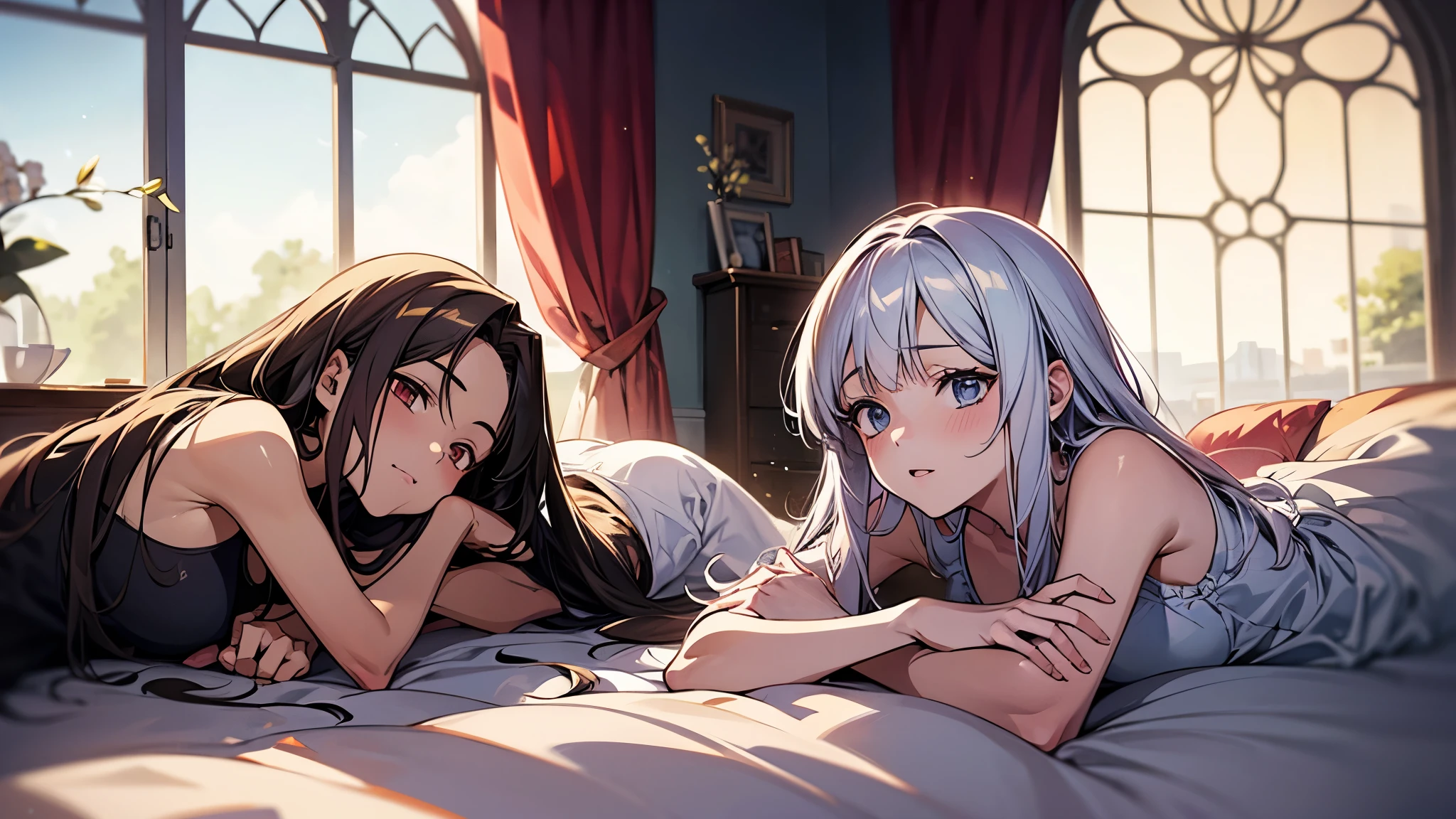 Anime image of two girls lying in bed with a window in the background, Anime drawing by Kamaguruka, Pixiv, Gothic art, Two beautiful anime girls, everyone, from Girls&#39; Frontline, trending on artstation Pixiv, Fine details. Girls&#39; Frontline, guweiz on Pixiv artstation, guweiz on artstation Pixiv、((different colored dresses、(High heels)))、(smile）、(Close-up photo of the upper body）、High angle、Look Up、Photo with white border、lie down、looking at the camera