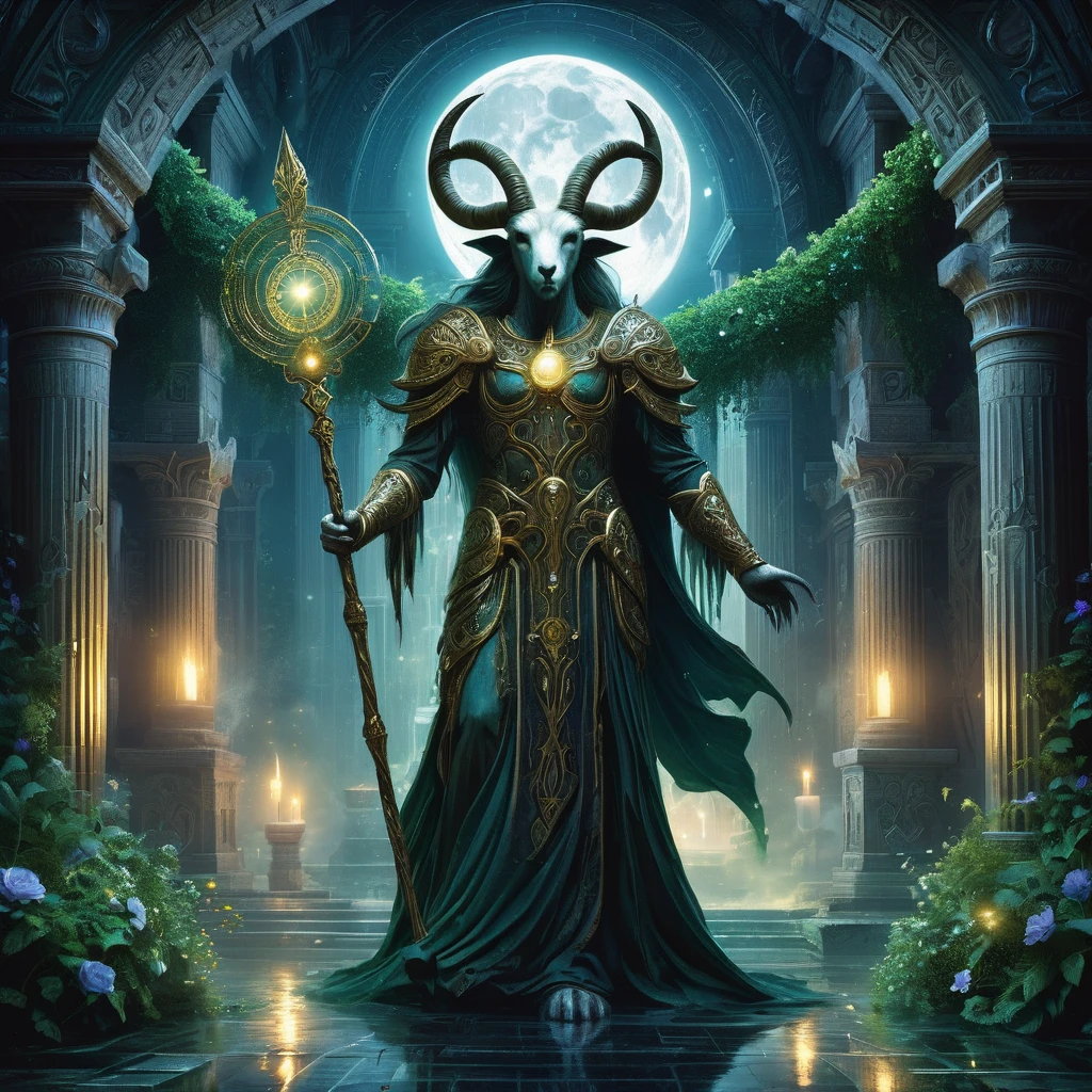 Picture a medieval dark fantasy faun standing amidst the ancient ruins of a night temple, where moonlight filters through crumbling stone arches and illuminates intricate carvings of mythical beasts and celestial beings. The faun, with his lower body resembling that of a goat and upper body of a human, exudes an aura of mystical allure and primal wisdom.
His eyes, golden and wise, reflect the light of the moon as he gazes solemnly at the celestial patterns above. Adorned with ivy and wildflowers woven into his tangled hair and rugged attire, he holds a staff topped with a crystal that glows with a faint, ethereal light, resonating with the temple's ancient magic.
Around him, the air is heavy with the scent of incense and age-old rituals, mingling with the distant hum of nocturnal creatures and the whisper of wind through ancient stone corridors. Shadows dance with eerie grace across the temple's mosaic floors, depicting scenes of forgotten gods and lost civilizations.
Capture the enigmatic presence of this medieval dark fantasy faun as he stands sentinel in the night temple, embodying the harmony between nature and ancient mysticism in a realm where secrets of the cosmos and earthly realms converge."