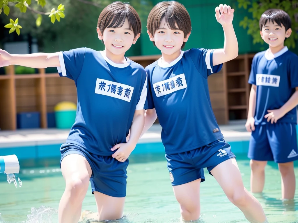 夏休みのprimary school校、Pool、primary school5Grade、Japan Boy、Glowing water splashes、A good boy dripping with water、hot day、Two Boys、Various poses、Short sleeve gym uniform、Blue shorts、physical education、barefoot,(Boy 1.4)、Boys only 、(10Age 1.4)