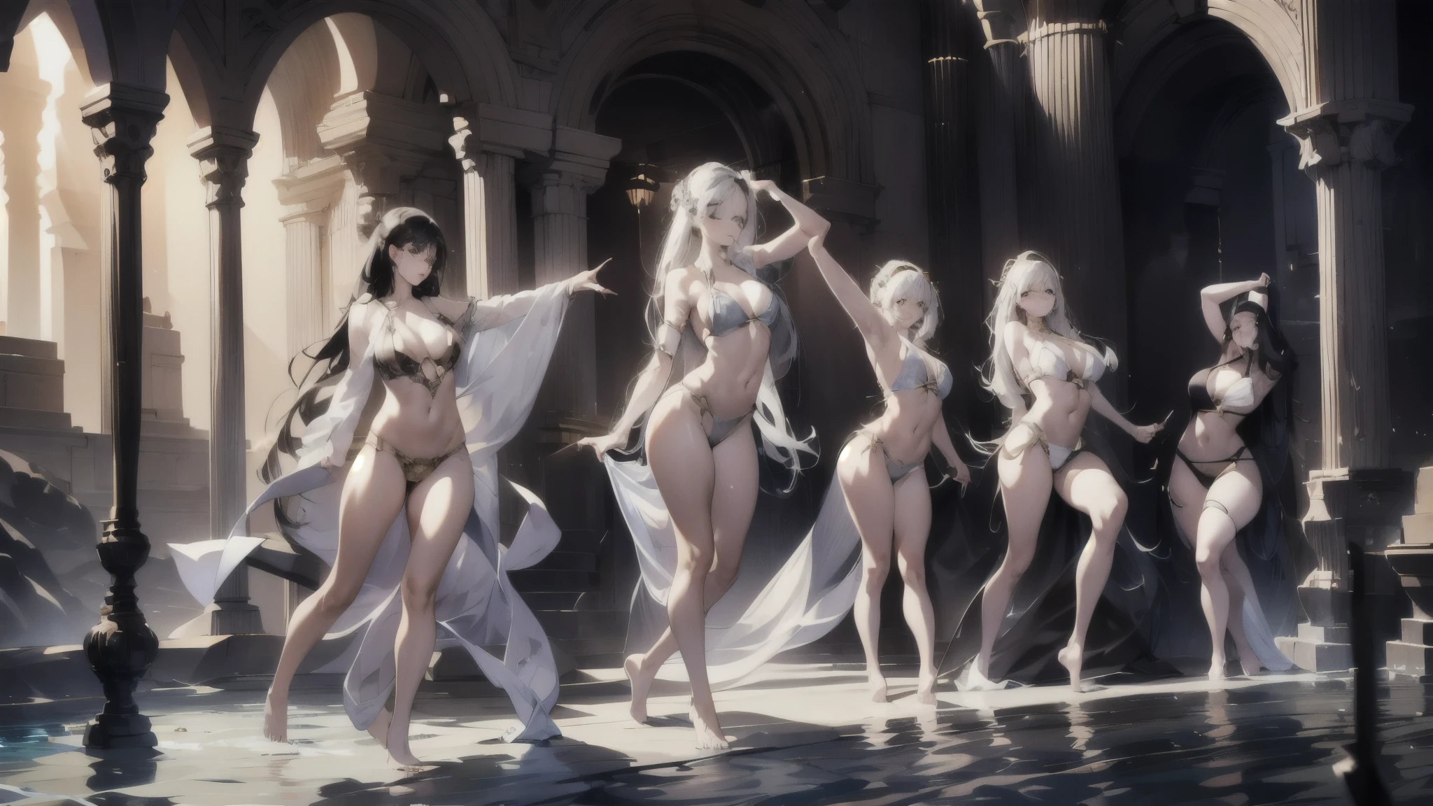 Three girls performing a dance, Dark Cave, water, Silver long-haired, Handsome, Well-proportioned body, Female, Flat Chest, White robe, Gold Jewelry, Spotlight, High Contrast, masterpiece, Highest quality, Best image quality