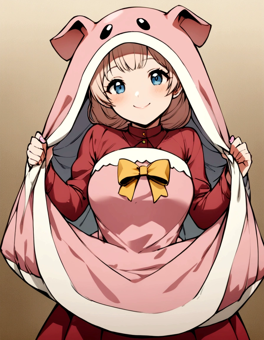 girl、 Pig costume in a dress、 Her job is a bakery、 smile、 front、 Artisan Style、