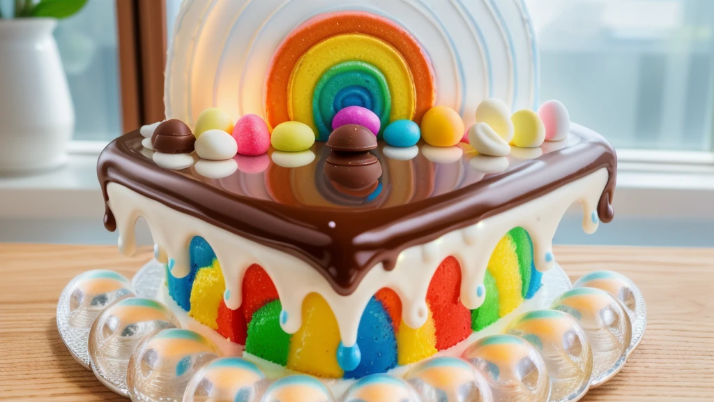 on a wooden table, on a white porcelain plate, a tiny cake, the walls of the cake are made of multi-colored chocolate bars, on top are multi-colored cream stripes, multi-colored candies in the form of balls, bright lights, soft light, window light, professional lighting, light from the window, neat light, realistic texture, realistic style, detailed texture, high quality, high resolution, high quality rendering, realistic photo, brightning light, macro photo