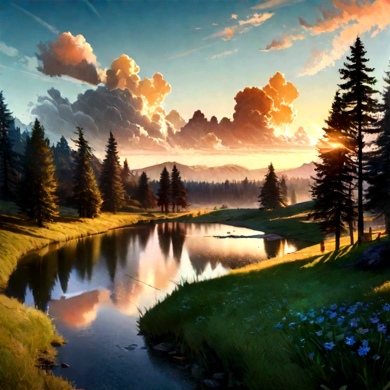 a lush fantasy landscape, a breathtaking outdoor scene, beautiful detailed flowers in bloom, shimmering sunlight, a serene lake reflecting the sky, ancient twisted trees, a vibrant green meadow, dramatic clouds in the sky, a sense of wonder and tranquility, (best quality,4k,8k,highres,masterpiece:1.2),ultra-detailed,(realistic,photorealistic,photo-realistic:1.37),landscape,cinematic lighting,vivid colors,dramatic lighting,serene,ethereal,magical