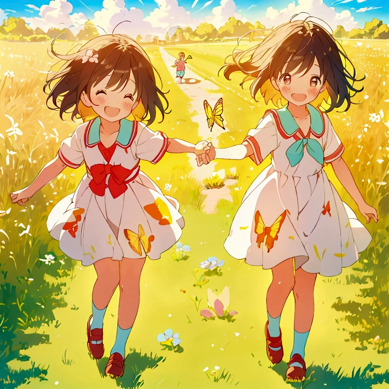 In a bright and cheerful field, two children chased butterflies with small nets. One child ran ahead while the other followed closely behind, both in a state of playful pursuit. The scene was filled with the essence of childhood innocence, as they joyfully ran through the tall grass under the warm sunlight, capturing the exuberance and wonder of their carefree adventure