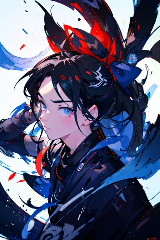 One young man、Ninja、Comic style、Ninjaの服装、cool、Beautiful Face、Hair tied up、Holds three shuriken in hand、Holding a shuriken next to his face、Portrait、Ink Painting、Black and white painting、Monochrome illustration、Brush-painted art、