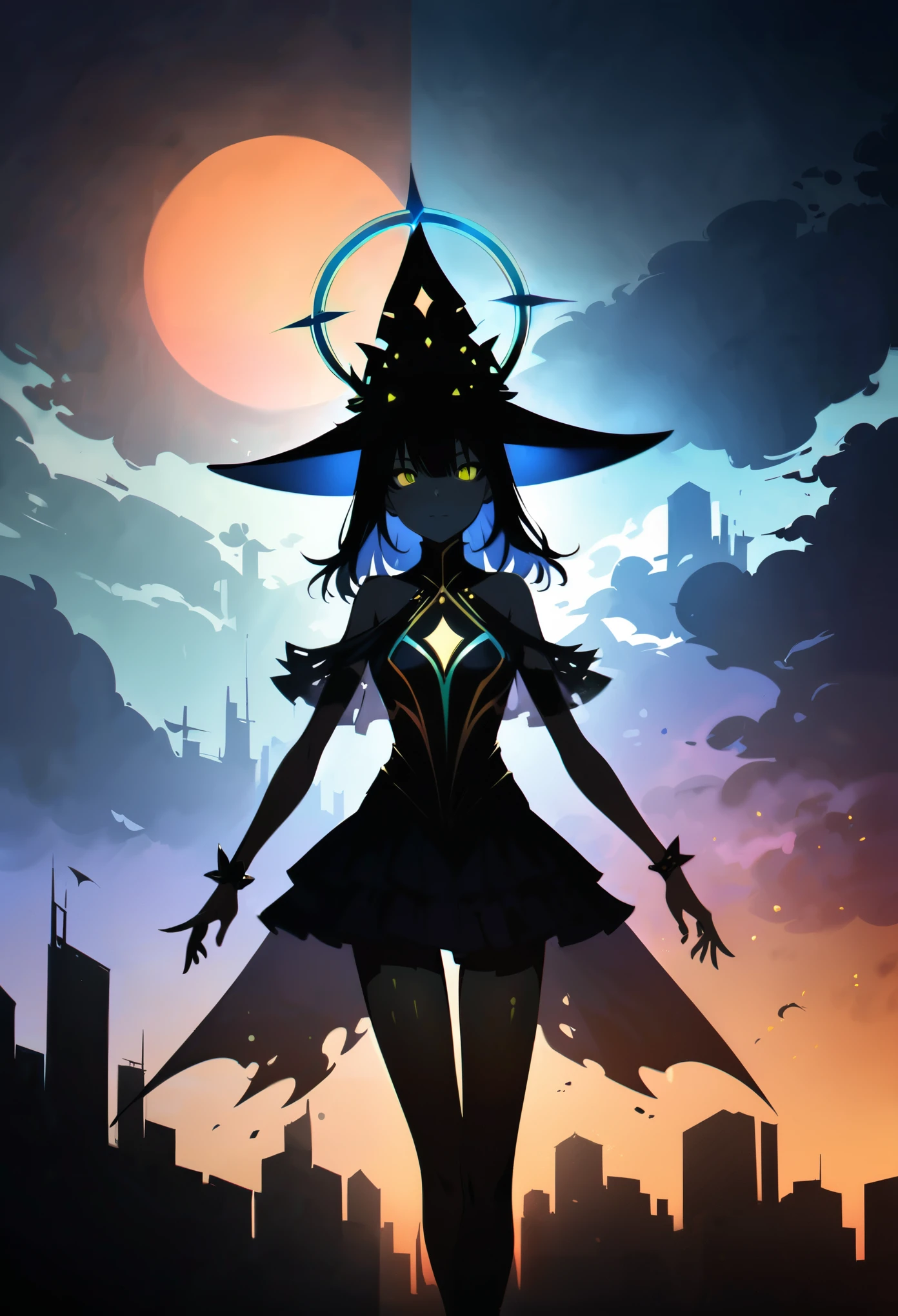 (Double Exposure:1.5),in style of Thierry Mugler,The magical witch from the nebula fantasy,Witch costumes and the hazy city,Halo,Japanese anime style,(Dark atmosphere:1.2),(Extreme shadows:1.2),(Witch in the shadows:1.2),