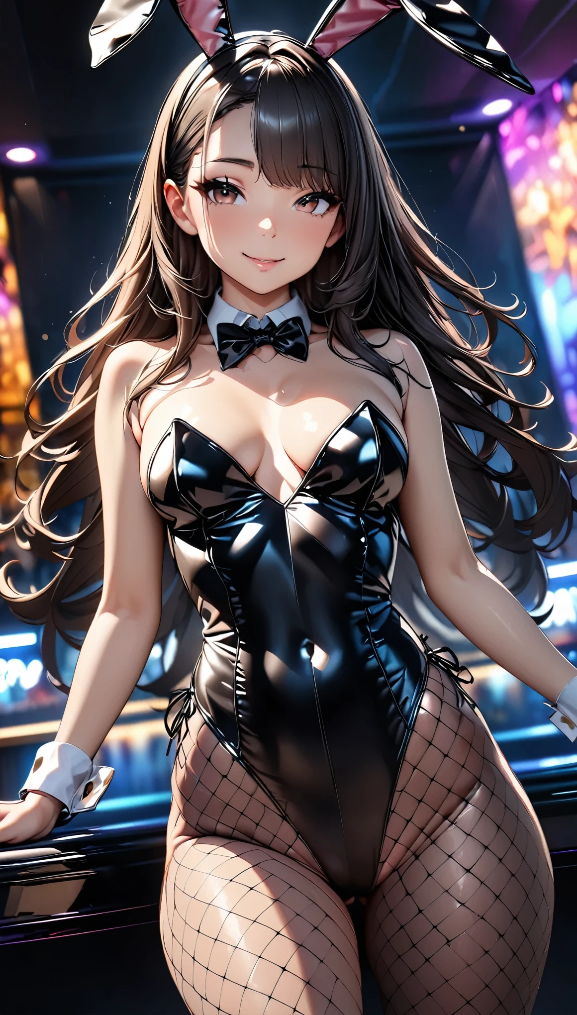 (Highest quality, 8K, 4K, High resolution, masterpiece:1.2), Super detailed, Digital illustration, Bright colors, Depth of written boundary, Blurred Background, Cowboy Shot, ((Playboy Bunny, Fishnet tights:1.2, Bunny ears, High leg, High leg leotard, 黒leotard:1.1, leotard)), bar, Nightclub, night, alone, 1 Female, (light black hair, Long Hair, Asymmetrical bangs, Dark brown eyes), Beautiful face details, Beautiful eyes, Long eyelashes, Soft lips, (Small face), smile, Random Pause, Dutch Angle,