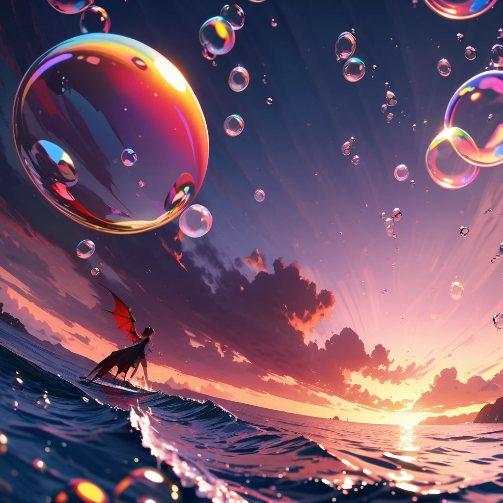 vampire、Girl with bat wings、(Lots of beautiful bubbles:1.4), break ,background\(Golden Hour,Very beautiful sea\((red:1,5)\),A knife sinking in the sea\), break ,quality\(8K,非常に精細なCGユニットのwallpaper, masterpiece,High resolution,top-quality,top-quality real texture skin,Surreal,Increase the resolution,RAW Photos,最高quality,Very detailed,wallpaper,Cinema Lighting,Ray-tracing,Golden Ratio\),Dynamic Angle,Bubbles close-up
