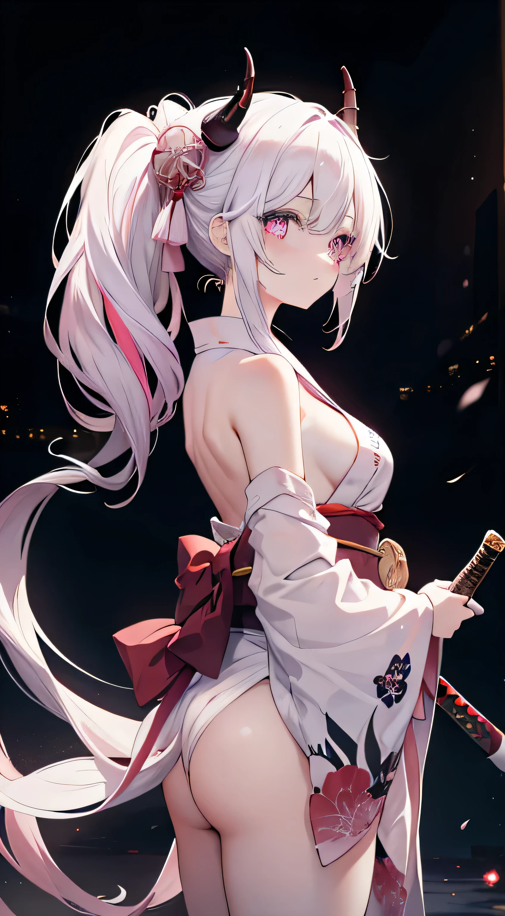 masterpiece,Exquisite,Dark night,Romance,Ghost girl,Horns on the head,High Ponytail,White hair ends gradually turn pink,Red pupil,Smooth back,Wear a yukata,Colorful,Holding a sword,Hips