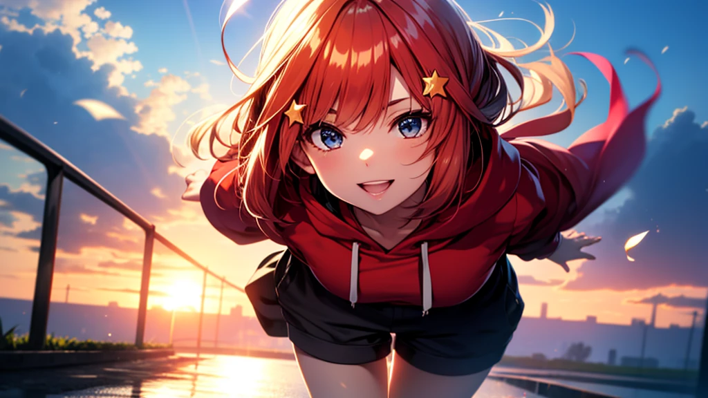 itsukinakano, Itsuki Nakano, bangs, Ahoge, Redhead, star \(symbol\), Smiling Kindly,hair ornaments, happy smile, smile, Open your mouth,Short braided hair,red oversized hoodie,Shorts,White Pantyhose,High-top sneakers,(LOL:1.1), (Open your mouth:1.1), Sun glare, Bokeh, Written boundary depth, Blurred Background, Particles of light, Strong winds, (Heart Particles:1.1), Highly detailed face, Perfect lighting, Highly detailed CG, (Perfect hands, Perfect Anatomy)