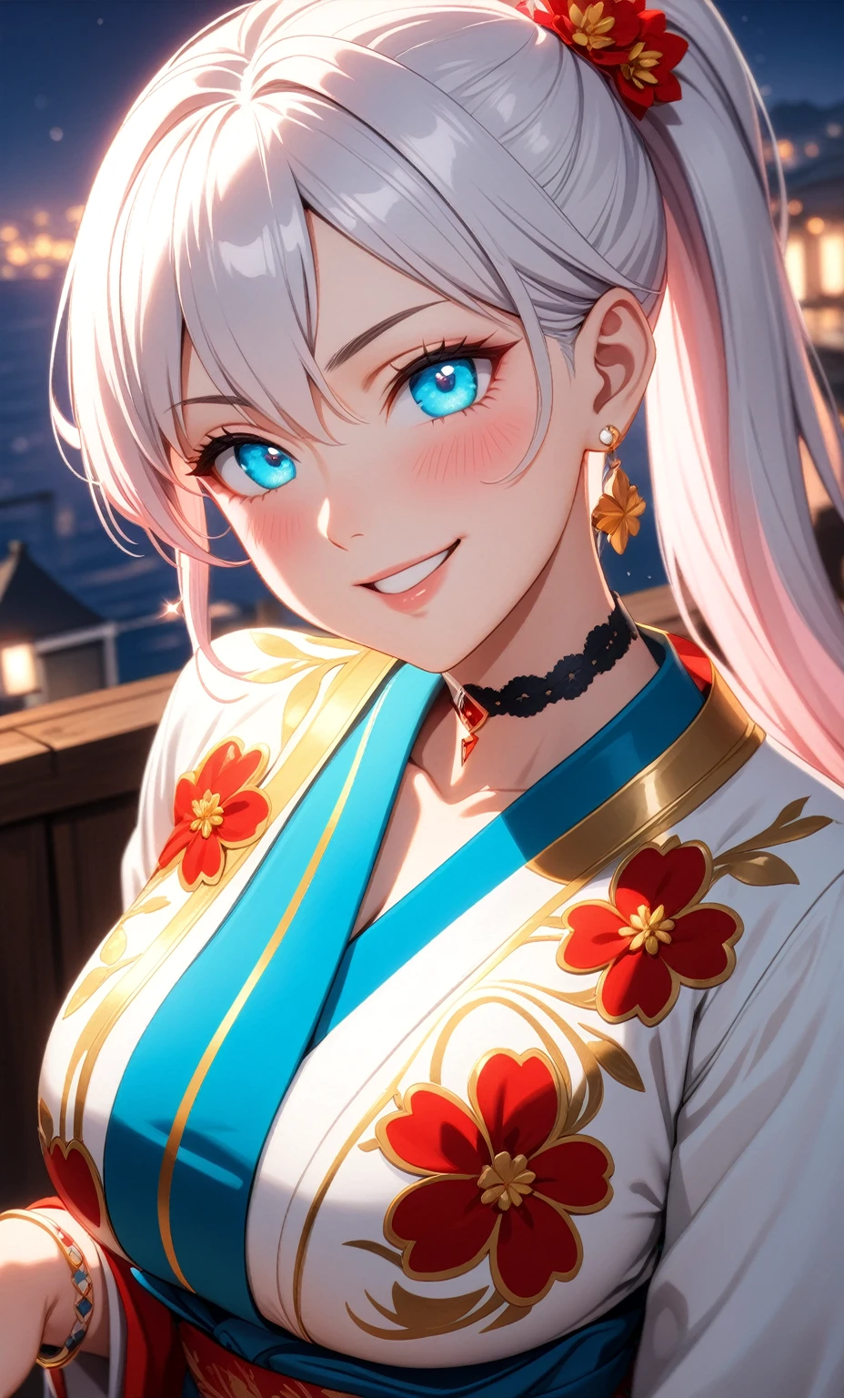 ((One personの女性)), Beautiful Face, ((seductive grin smug)),((Wink:1.7)), head tilt, Laugh with your mouth wide open,((Bright red cheeks:1.4)),Shiny red lips,night,rooftop,You can see the ocean, firework,Laughing with your mouth open,Glossy pink lips,Facial lighting,((Anime style background)),masterpiece, Highest quality, so beautiful,up to date, Complex details, (Pink long nails),(ring),(bracelet),(choker),AI-generated, Complex,High resolution, Highest quality, super high quality,3D Images、3D Images,One person,long red hair,High Ponytail,(turquoise blue eyes),Anime woman posing for a photo, ((Fine grain、Colorful eyes、Shining Eyes:1.3)),(Squint your eyes:1.1),a hyperRealistic , hyperRealistic , Realistic,Anime woman with long white hair, Smooth anime CG art, A woman in a colorful kimono with gold embroidery, (Light blue long sleeve kimono),Red floral pattern,Long flower hair ornament,Earrings,Mature Body,(Big Breasts:1.1),Tall,Abdominal muscles,Tight waist,(Zoom up to face:1.5),(dutch angle),(front view),