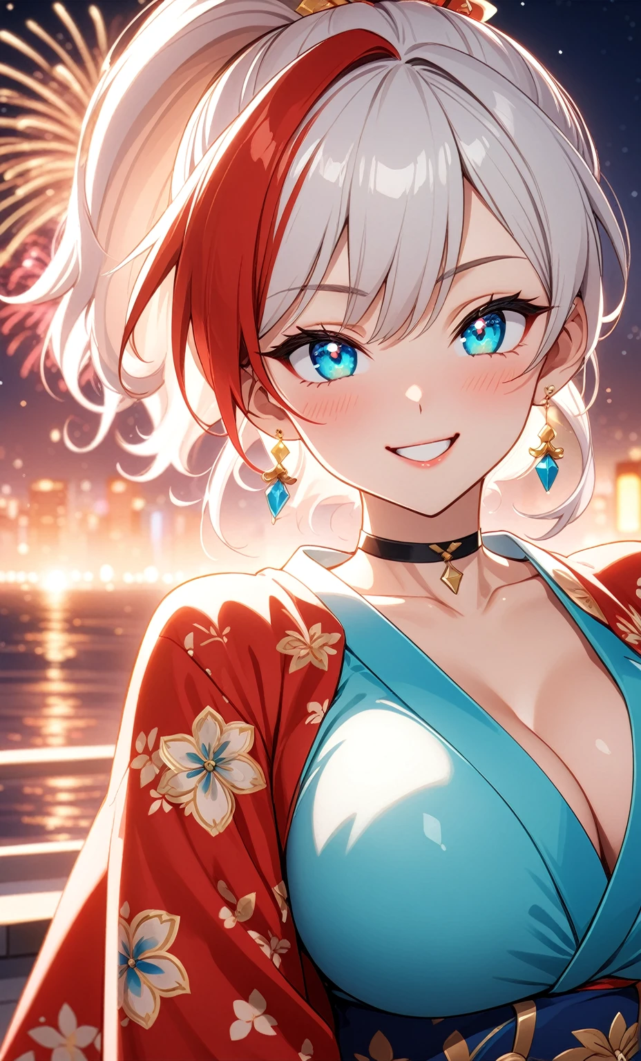 ((One personの女性)), Beautiful Face, ((seductive grin smug)),((Wink:1.7)), head tilt, Laugh with your mouth wide open,((Bright red cheeks:1.4)),Shiny red lips,night,rooftop,You can see the ocean, firework,Laughing with your mouth open,Glossy pink lips,Facial lighting,((Anime style background)),masterpiece, Highest quality, so beautiful,up to date, Complex details, (Pink long nails),(ring),(bracelet),(choker),AI-generated, Complex,High resolution, Highest quality, super high quality,3D Images、3D Images,One person,long red hair,High Ponytail,(turquoise blue eyes),Anime woman posing for a photo, ((Fine grain、Colorful eyes、Shining Eyes:1.3)),(Squint your eyes:1.1),a hyperRealistic , hyperRealistic , Realistic,Anime woman with long white hair, Smooth anime CG art, A woman in a colorful kimono with gold embroidery, (Light blue long sleeve kimono),Red floral pattern,Long flower hair ornament,Earrings,Mature Body,(Big Breasts:1.1),Tall,Abdominal muscles,Tight waist,(Zoom up to face:1.5),(dutch angle),(front view),