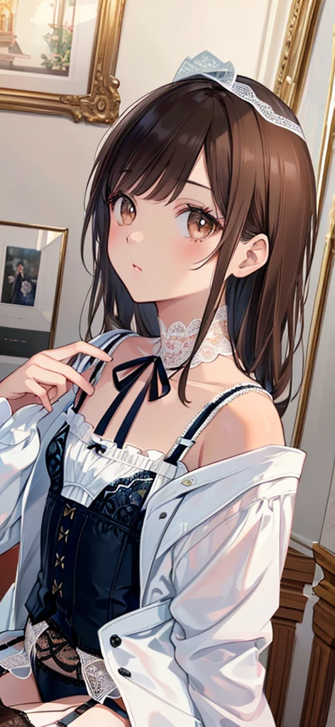 ((masterpiece)), ((best quality)), ((ultra detailed)), ((kawaii)), cute, (lovely), ((extremely detailed)), ((8K)), (beautiful), full body, luxury room, a cute girl, 1girl, solo, blue mini camisole dress,beautiful darkbrown hair, ((detailed beautiful brown eyes)), white-skinned, flat breast, tiny breast, garter belt,(garter stockings:1.4),pink eyeshadow
