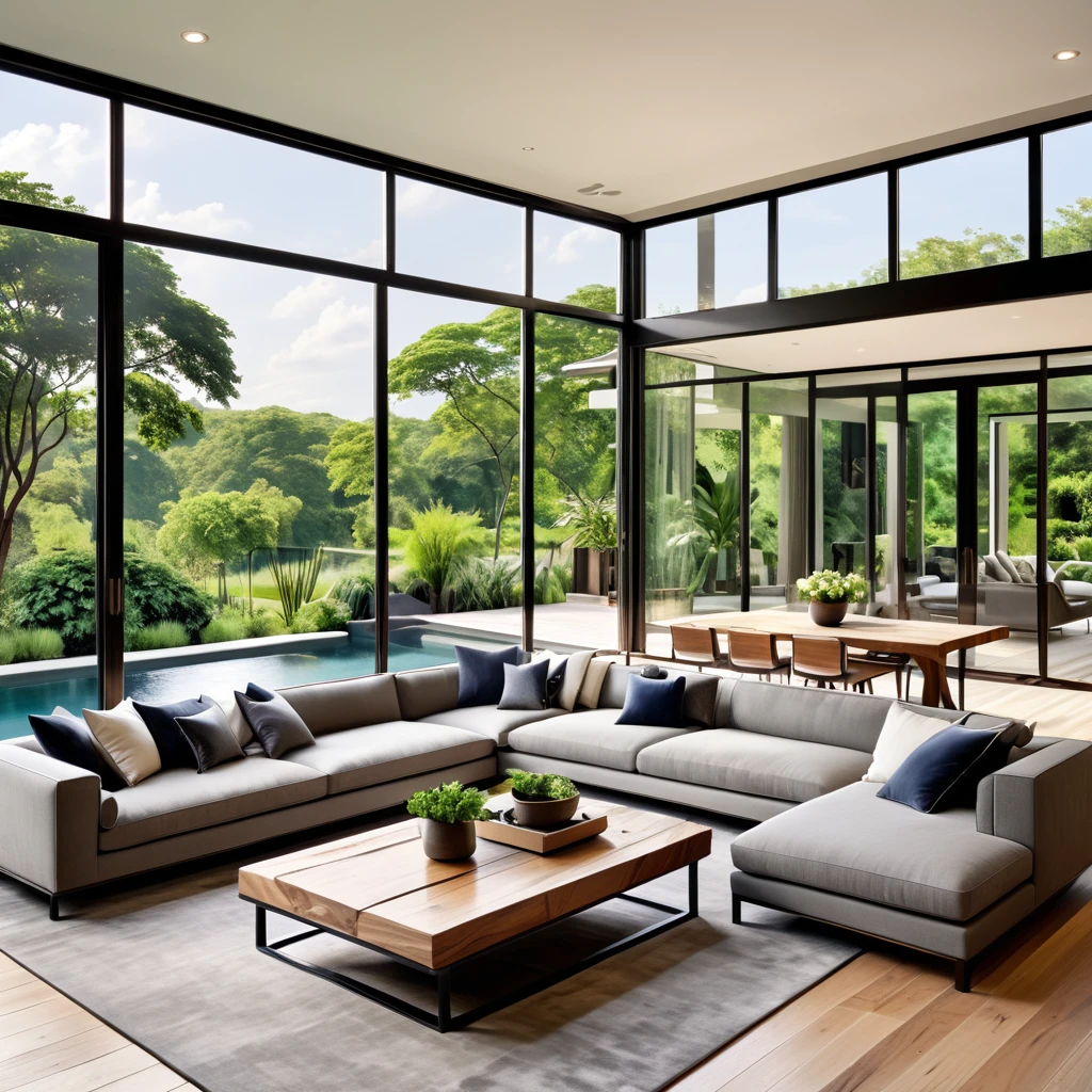 Design an elegant and contemporary living room with large glass windows offering a panoramic view of an outdoor pool and lush garden. The space should include a large gray sofa with decorative pillows, a striking wooden coffee table with a natural finish, and a stylish dark rug. Incorporate minimalist artwork on the walls and blend natural and modern elements seamlessly throughout the room. Make sure the space is filled with natural light, creating a bright, airy, and inviting atmosphere