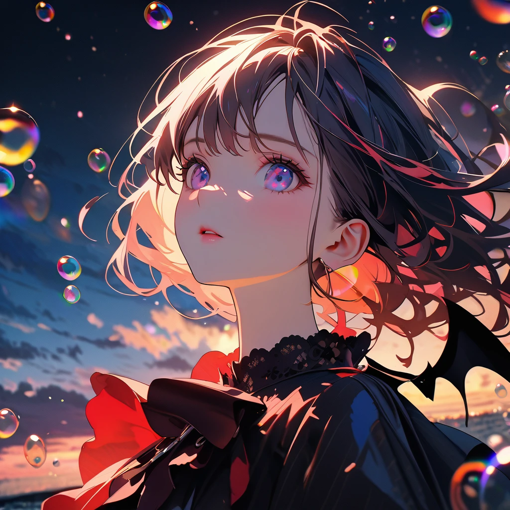 vampire、Girl with bat wings、(Lots of beautiful bubbles:1.4), break ,background\(Golden Hour,Very beautiful sea\), break ,quality\(8K,非常に精細なCGユニットのwallpaper, masterpiece,High resolution,top-quality,top-quality real texture skin,Surreal,Increase the resolution,RAW Photos,最高quality,Very detailed,wallpaper,Cinema Lighting,Ray-tracing,Golden Ratio\),Dynamic Angle,Bubbles close-up