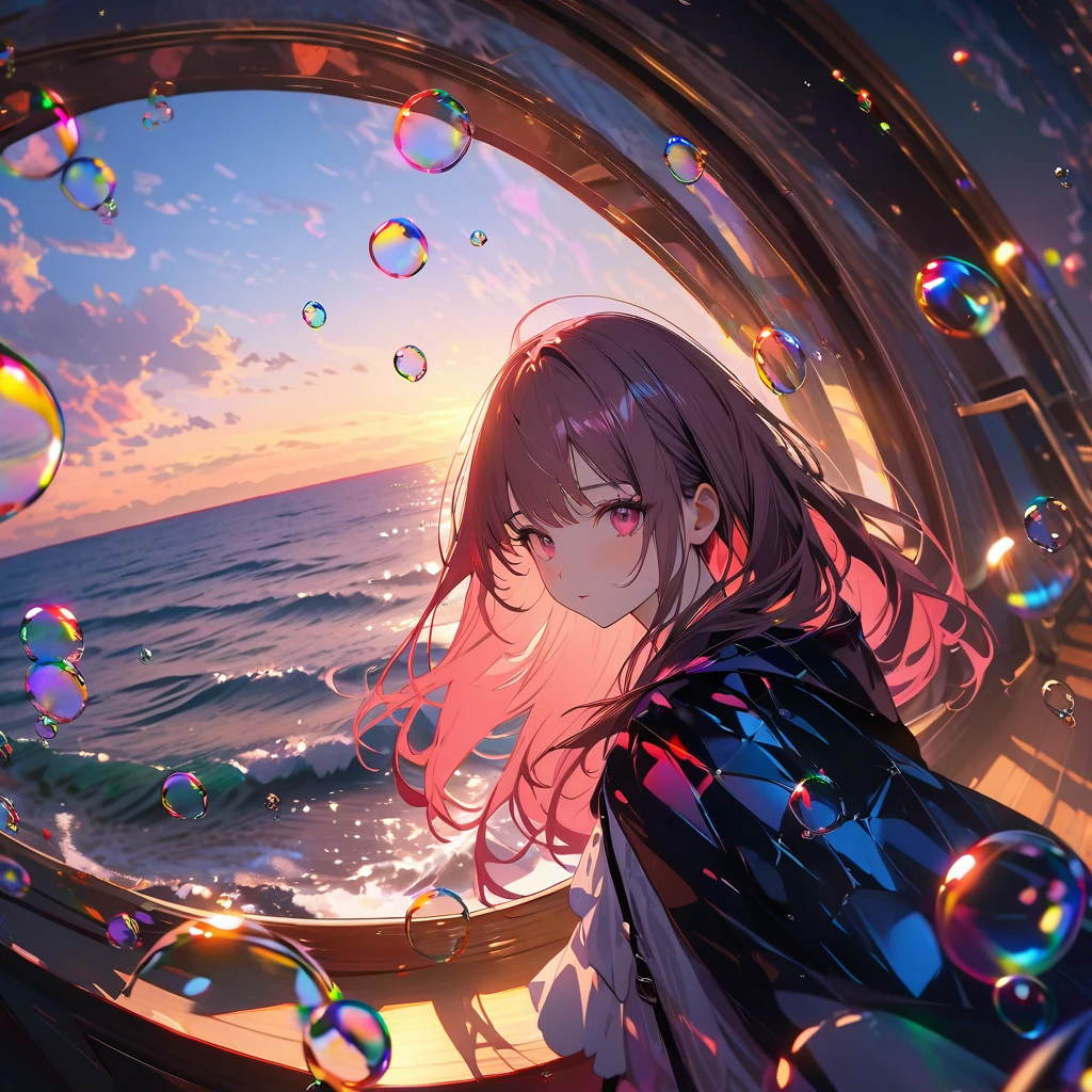 vampire、Girl with bat wings、(Lots of beautiful bubbles:1.4), break ,background\(Golden Hour,Very beautiful sea\), break ,quality\(8K,非常に精細なCGユニットのwallpaper, masterpiece,High resolution,top-quality,top-quality real texture skin,Surreal,Increase the resolution,RAW Photos,最高quality,Very detailed,wallpaper,Cinema Lighting,Ray-tracing,Golden Ratio\),Dynamic Angle,Bubbles close-up
