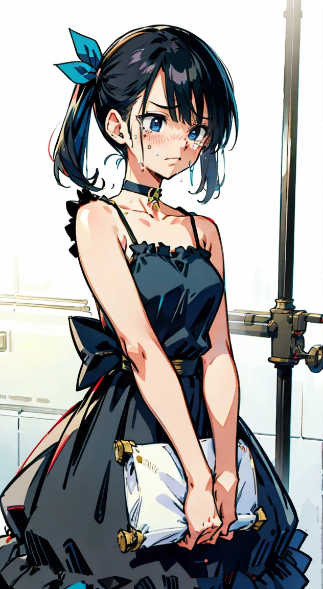 She holds a crying in a dress and blue camisole with black hair and hair ribbons, choker,
