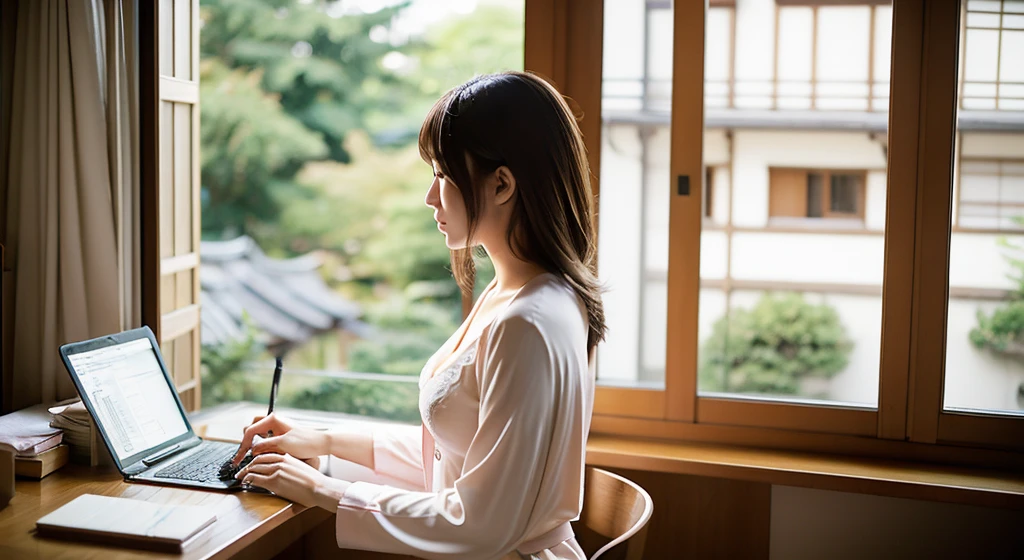 A beautiful Japanese-French woman, 20 years old, studying at her desk with her PC in the morning, outside the window is the Gion district of Kyoto, headphones　
She has brown hair, one-length hair, and is wearing soft white Gelato Pique pajamas. The second button is undone, revealing her cleavage.