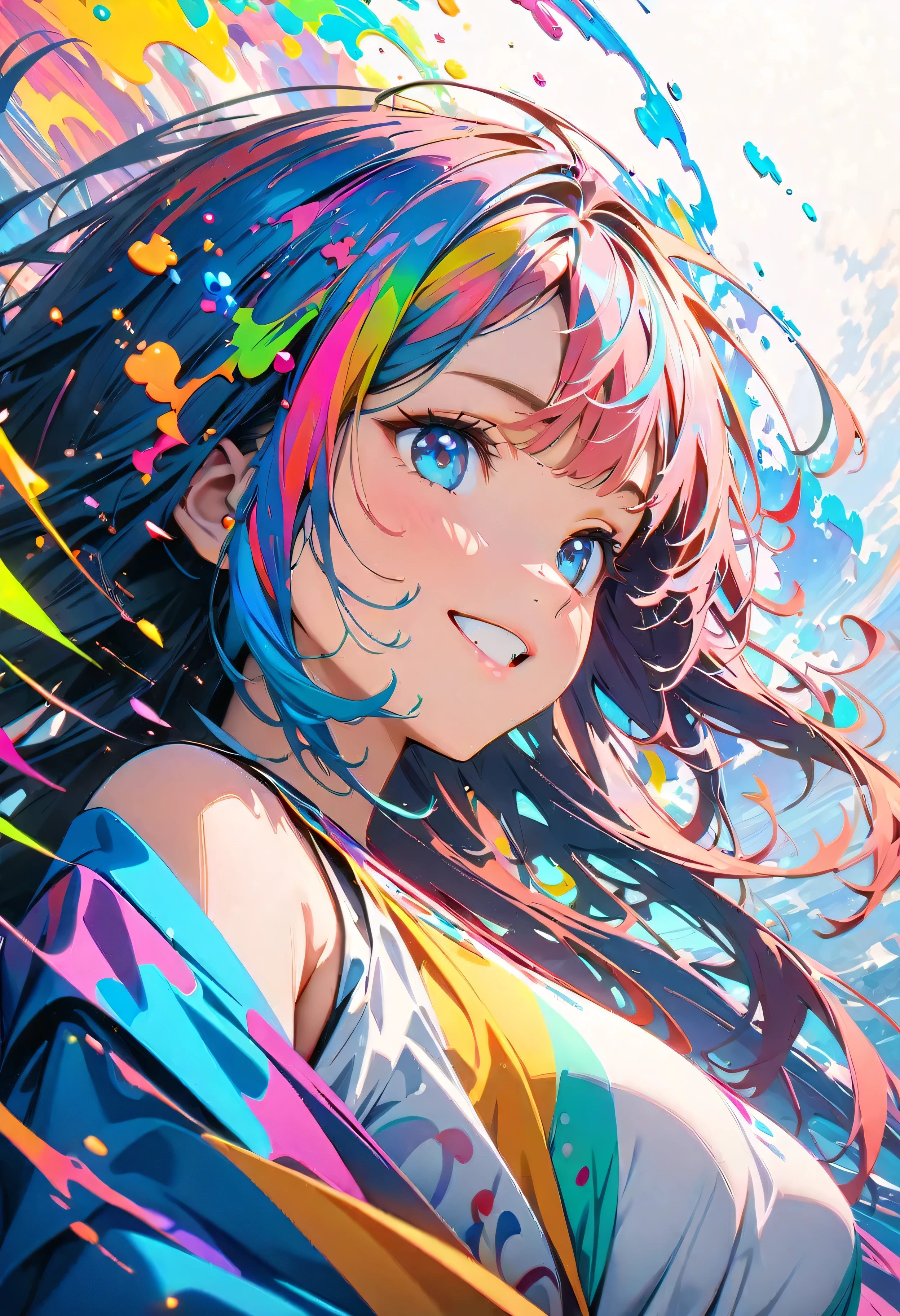 (masterpiece, Highest quality, Official Art:1.2), (colorful), Perfect Anatomy, Looking at the audience,One Girl, alone, White Background, floating colorful water, Ultra-fine illustrations, Highly Details, Dynamic Angle, Beautiful detailed, 8K, 壊す smiling amidst the colorful scenes, (High resolution), Anime Style, (Fractal Art:1.1)