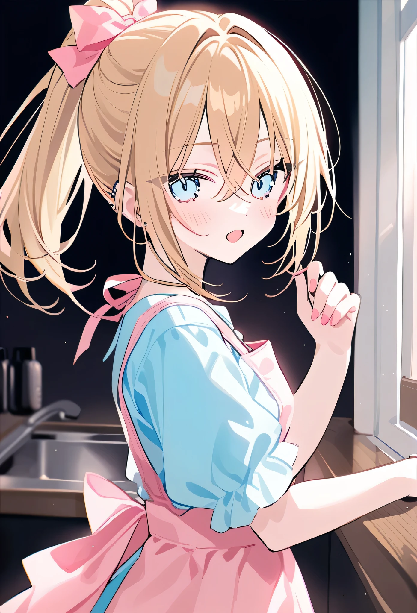 rurudo, 1girl,  solo,  blonde hair, sky blue eyes, Cheerful and lively, pastel color, ponytail in left side, Pink apron, cooking club member