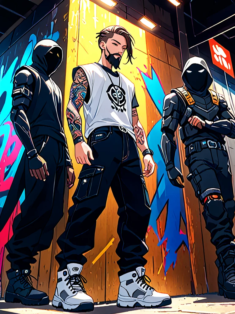 thin man, perfectly trimmed beard, long hair in ninja cut, .braided hair,. with tattoos on both shoulders, chest and right leg, ropa urban style playera en color blanca y una negra arriba de la blanca, ecko black denim pantalon, timberland boots in cream color, 1.65 height. (rapper) (urban style) (cheered up) ((anime style)) (graffiti secret spirit art death painting,) (30% futuristic cibor,) human ft futuristic robot, hero soldier, hombre rapper ninja futurista.(((HD, 4k, real))) (8k) ULTRA DEFINED.mystical magic (whole body)full body