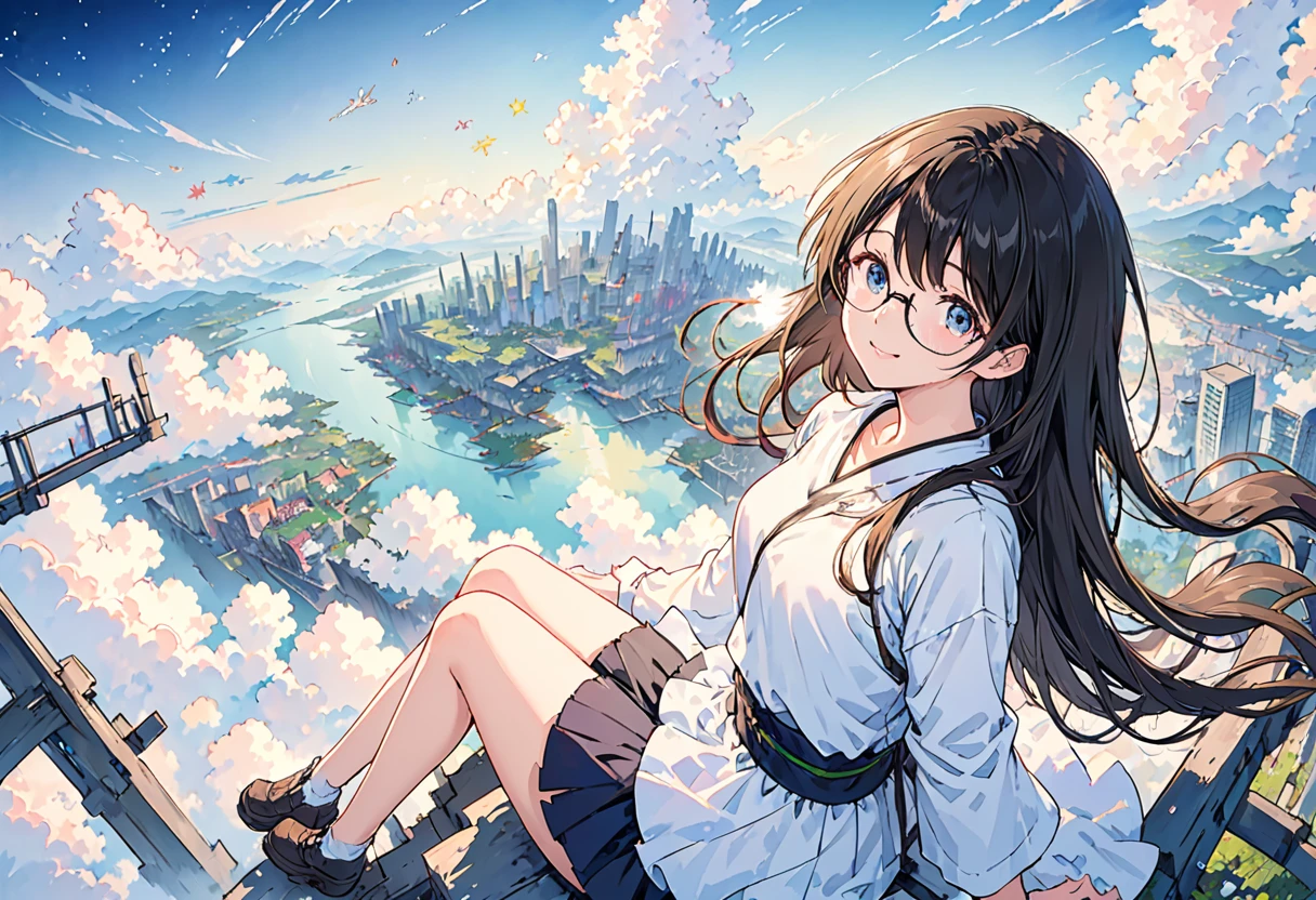 [(White background:1.5)、::5]、masterpiece、Highest quality、Official Art、An illustration、Ligne Claire、(dream-like)、(colorful:1.3)、Perfect composition、Disorganized、Intricate details、Fantasy、focus、(At high pressure)、I can't see the ground、(Above the Clouds:1.4)、(Finely detailed modern lost_city:1.3)、(Above the Cloudsにそびえ立つlost_city:1.2)、narrative poem、(focus_girl:1.4)、(Girl on top of the city of broken bridges)、 Three-part method、white_Jacket and white_shirt,black_beltskirt,very_long_hair,beside,loose_hair,half rimless glasses,overhead_viewer,The wind blows to the viewer,side_face,(The ground is starry_sky),smile,Sitting,(depth_of_field),Shiina Mahiru,Eyes