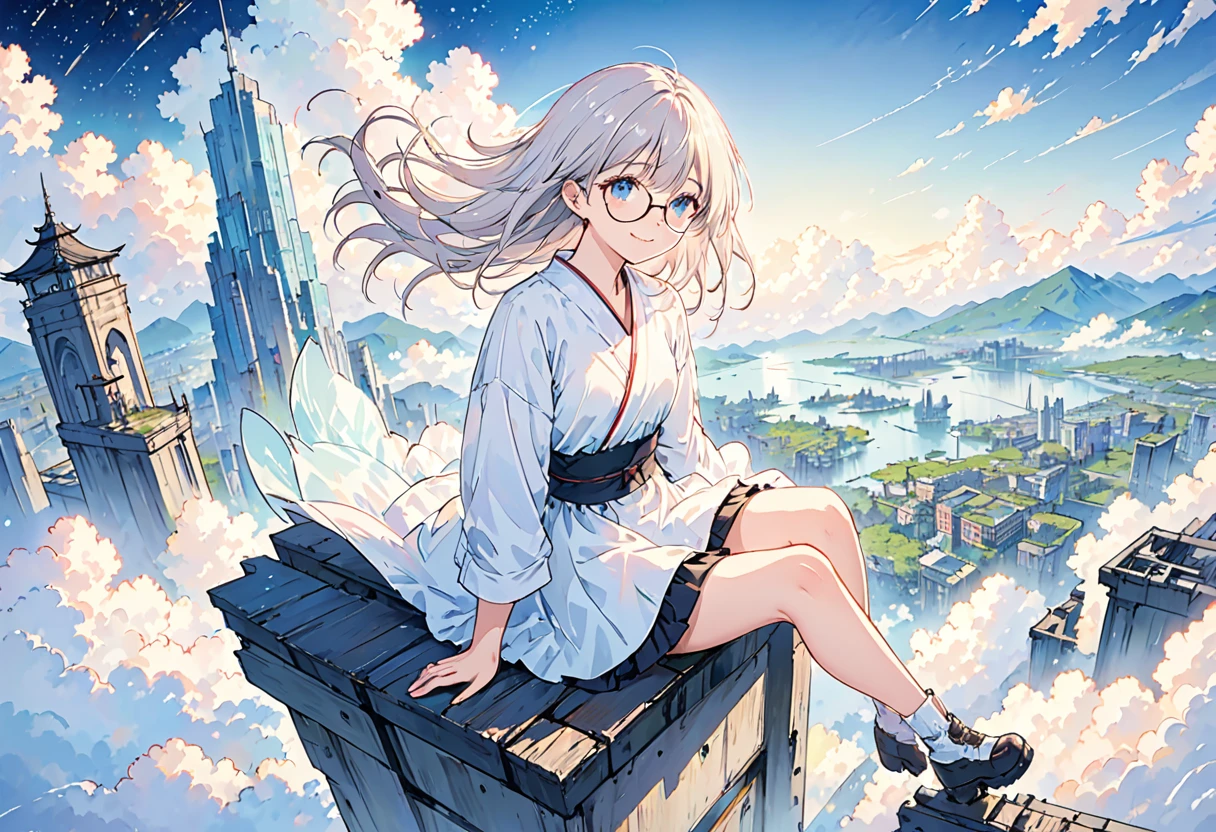 [(White background:1.5)、::5]、masterpiece、Highest quality、Official Art、An illustration、Ligne Claire、(dream-like)、(colorful:1.3)、Perfect composition、Disorganized、Intricate details、Fantasy、focus、(At high pressure)、I can't see the ground、(Above the Clouds:1.4)、(Finely detailed modern lost_city:1.3)、(Above the Cloudsにそびえ立つlost_city:1.2)、narrative poem、(focus_girl:1.4)、(Girl on top of the city of broken bridges)、 Three-part method、white_Jacket and white_shirt,black_beltskirt,very_long_hair,beside,loose_hair,half rimless glasses,overhead_viewer,The wind blows to the viewer,side_face,(The ground is starry_sky),smile,Sitting,(depth_of_field),Shiina Mahiru,Eyes