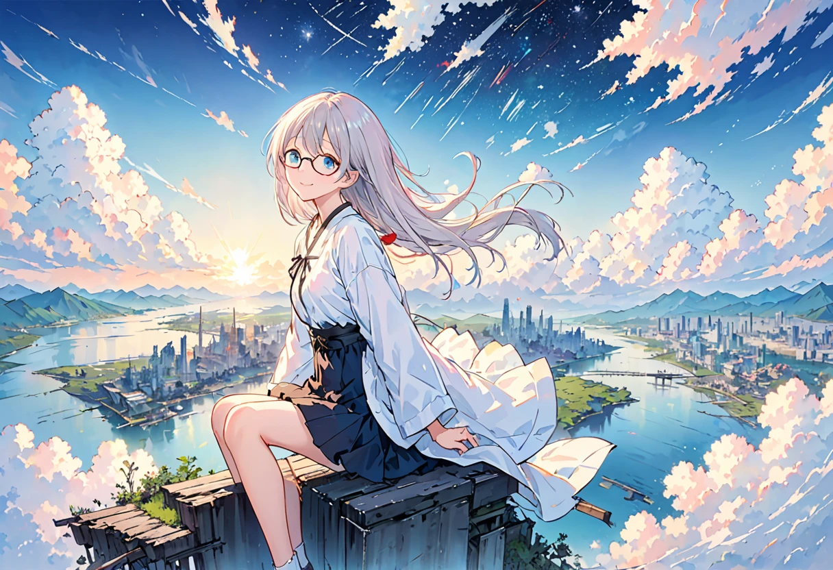 [(White background:1.5)、::5]、masterpiece、Highest quality、Official Art、An illustration、Ligne Claire、(dream-like)、(colorful:1.3)、Perfect composition、Disorganized、Intricate details、Fantasy、focus、(At high pressure)、I can't see the ground、(Above the Clouds:1.4)、(Finely detailed modern lost_city:1.3)、(Above the Cloudsにそびえ立つlost_city:1.2)、narrative poem、(focus_girl:1.4)、(Girl on top of the city of broken bridges)、 Three-part method、white_Jacket and white_shirt,black_beltskirt,very_long_hair,beside,loose_hair,half rimless glasses,overhead_viewer,The wind blows to the viewer,side_face,(The ground is starry_sky),smile,Sitting,(depth_of_field),Shiina Mahiru,Eyes