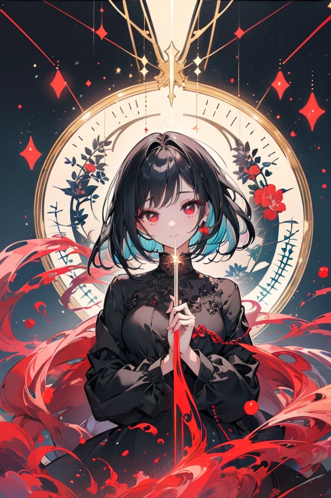 (masterpiece, Highest quality, Highest quality, (No text), beautifully、aesthetic:1.2),No text,anime、 High resolution break,One Girl,Short black hair Tree Eyes Beautiful Eyes Red eyes beautiful girl nice smile Black coat mini skirt whole body Night view Detailed eyes and face