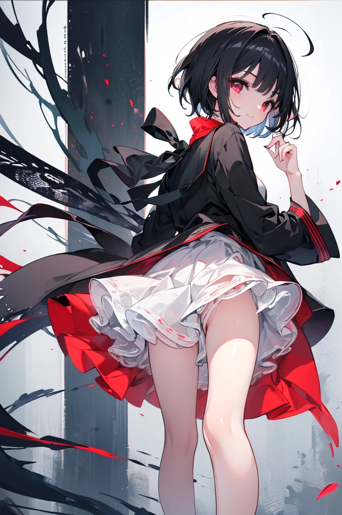 (masterpiece, Highest quality, Highest quality, (No text), beautifully、aesthetic:1.2),No text,anime、 High resolution　break,One Girl，Short black hair　Tree Eyes　Beautiful Eyes　Red eyes　beautiful girl　nice　smile　Black coat　mini skirt　whole body　Night view　Detailed eyes and face