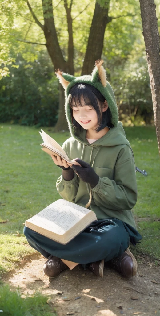 Five-year-old girl in bull demon helmet, carrying olive green backpack, denim strap skirt, black-framed glasses, sitting at desk writing homework, full body shot, three views, Pux style-ar 16:9 --auto --s2