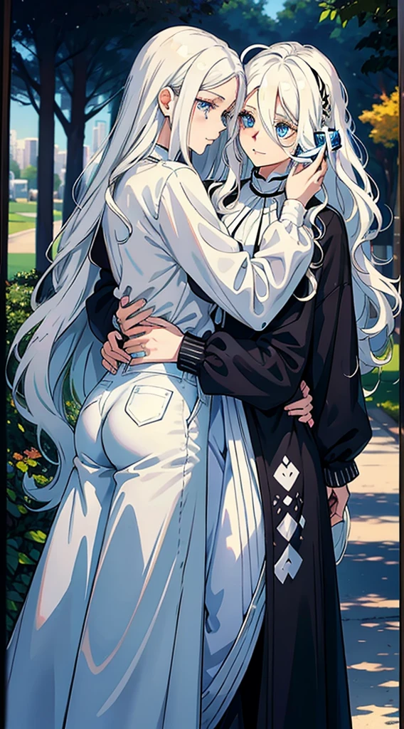 woman with long wavy white hair bright blue eyes wearing a white blouse and black pants hugging a girl with short wavy white hair bright blue eyes wearing a black sweater and white pants taking her phone for a photo they are in a park