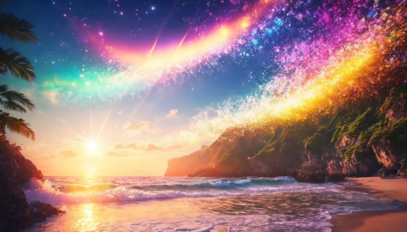 Portrait Photography、{{masterpiece}}, Highest quality, Highly detailed Unity 8k wallpaper, Cinema Lighting, Lens flare, Beautifully detailed room,  Suite room with ocean view, colorful light, particle, Heterochromia iridis, (colorful:1.5), 