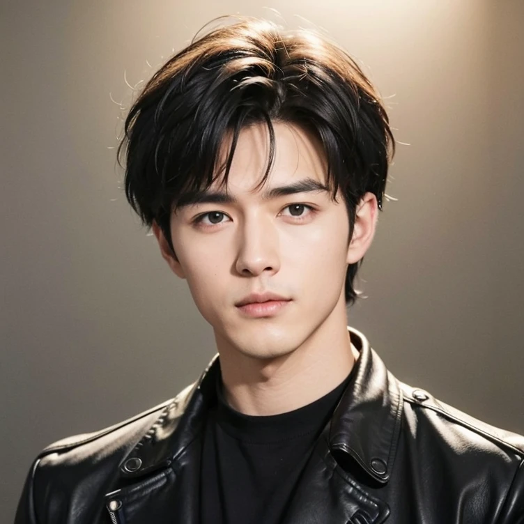 at office,wearing black leather coat,two block haircut, Attractive man,Live-action photo,Handsome and sunny,(SLR effect,Reality,8K,Hyper-detailing,Absolute realism)
