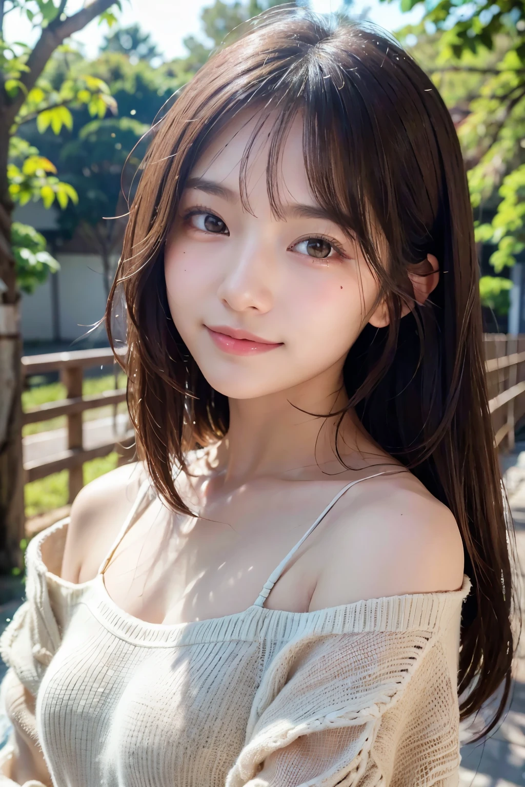 Highest quality, Face Focus, Soft Light, Ultra-high resolution, (Realistic:1.4), RAW Photos, 1 Japanese girl, cute, (A shy smile:0.5), (Brown eyes, light in your eyes), Beautiful face in every detail,(High resolution detail of human skin texture), (Long Hair),Long sleeve,flower,outside